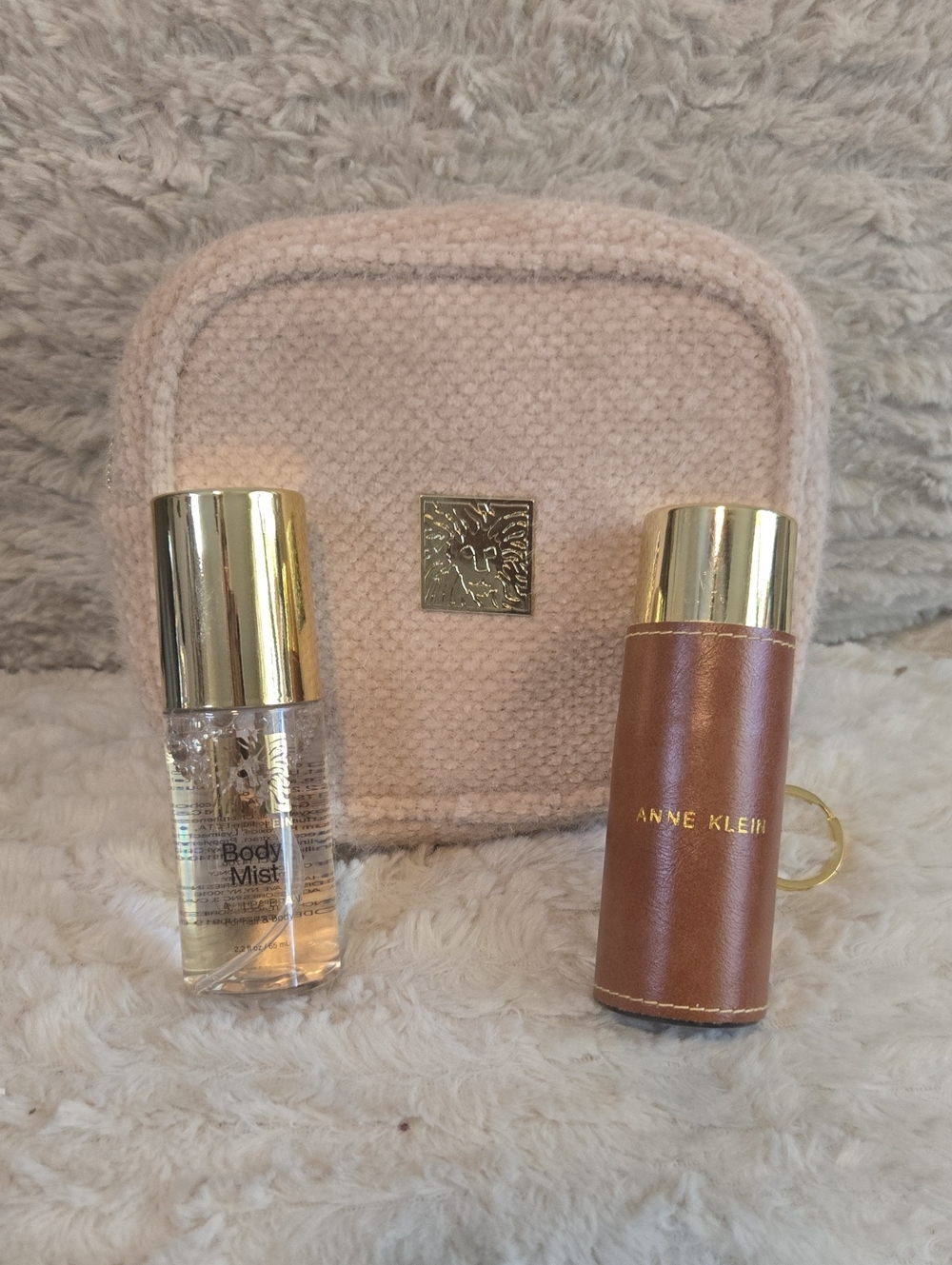 Anne Klein Pink Travel Makeup Case with Brown Gold-Trim  Atomizer